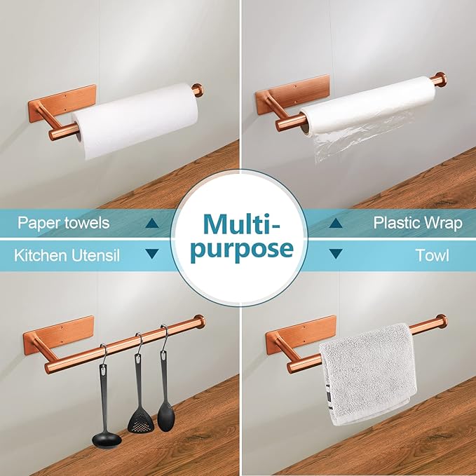 Paper Towel Holder Under Cabinet Wall Mount Paper Towel Holder Adhensive SUS304 Stainless Steel Kitchen Towel Holder Rack Hanging Paper Holder for Kitchen Bathroom Organizer(1,Gold)