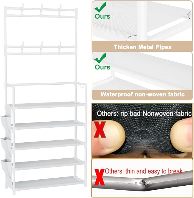 Shoe Rack 5 Tier Shoe Organizer Storage 15-20 Pairs for Closet Entrance | Stackable & Detachable Shelf with Hooks and Side Pocket Entryway Shoe Holder Space Saving Closet Organizers and Storage