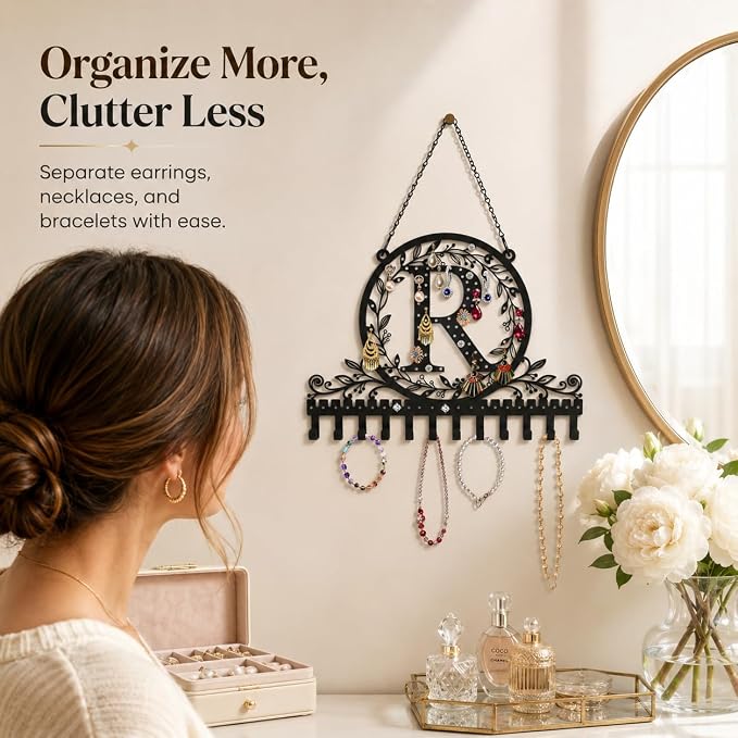 Personalized Wall Mounted Metal Initial Letter R Earring Holder Jewelry Organizer for Earrings and Necklaces Space Saving Wall Display with Hooks Jewelry Storage Bedroom Vanity Gift for Women