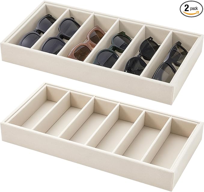 Juexica 2 Pcs Velvet Sunglasses Organizer Tray 6 Grid Sunglass Organizer Velvet Tray Stackable Glasses Display Case for Women Glasses Jewelry Display Watch (Beige)