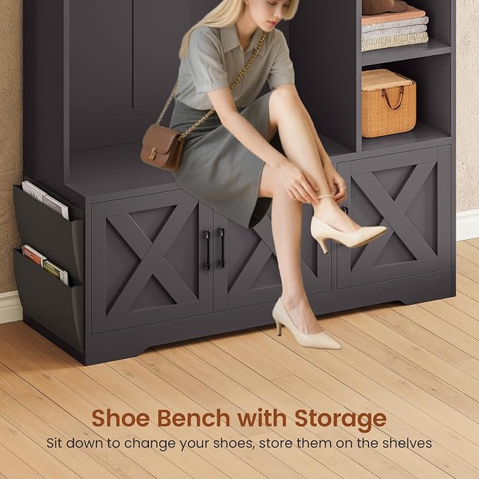 Itaar Hall Tree with Bench and Shoe Storage, Farmhouse Entryway Bench with Coat Rack, Shoe Cabinet with Adjustable Shelves, 6 Storage Cubbies, 10 Coat Hooks, Storage Bag, Led Lights, Black