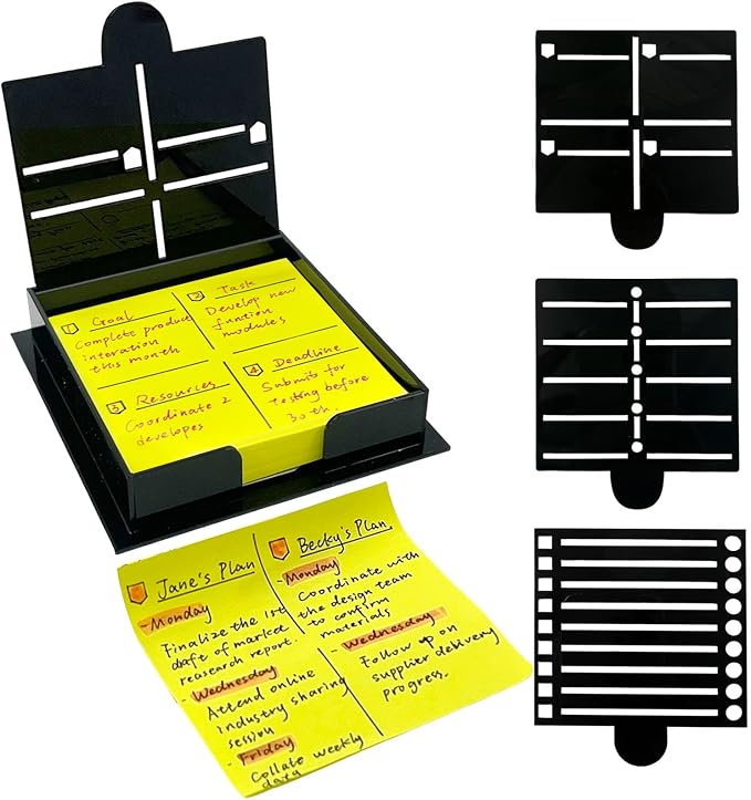 Daily Treasures Sticky Note Holder with 3 Reusable Stencils, Acrylic Post It Note Holder for 3x3 inch Sticky Notes, Multi-Template (Daily/Weekly/Goals/Meal/to Do List) Desk Organizer for Office Home