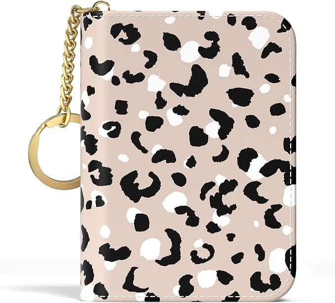 Aiawoxc Credit Card Holder, Small RFID Wallet Slim Leather Card Organizer Case with Zipper and Keychain, Beige Leopard Print