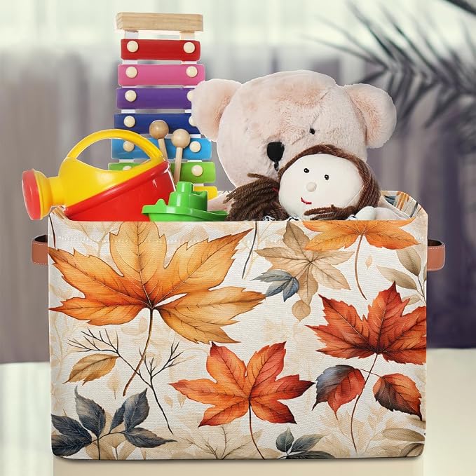 Rectangular Storage Bins Autumn Maple Leaves Pattern Collapsible Fabric Storage Basket Organizer with Handles for Nursery Bedroom Bathroom