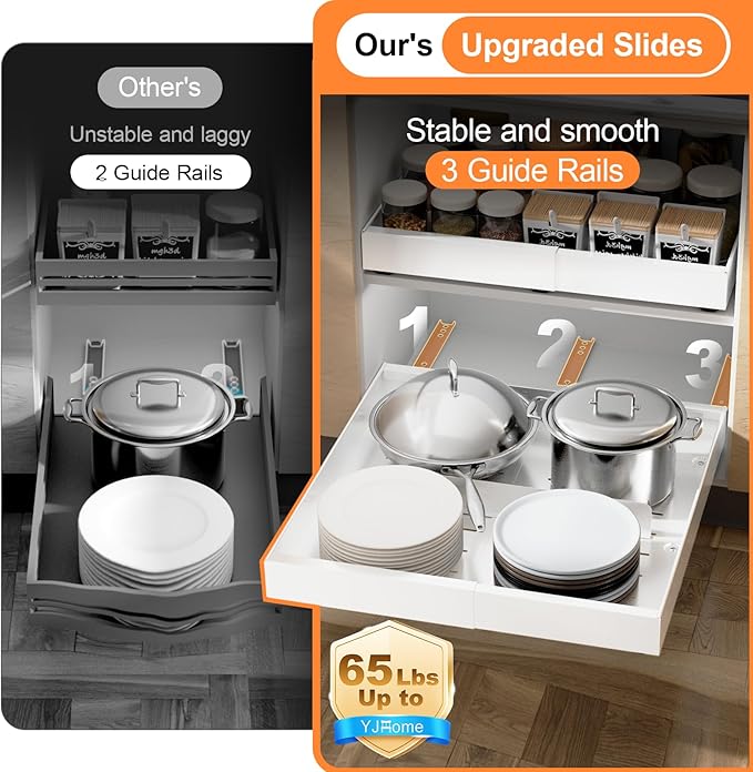 2 Pack Pull out Cabinet Organizer Expandable Width(12"-20") and 21"Depth, No Drill Adjustable Slide Out Drawers for Kitchen, Cabinets With 3 Slide Rails,Magnetic Panel, Adhesive Roll out Shelves