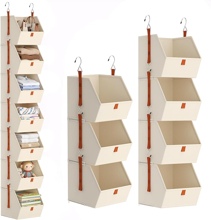 7 Tier Hanging Closet Organizer, Collapsible Fabric Hanging Shelves for Closet with Detachable Bins Space-Saving Hanging Clothes Organizer for Wardrobe, Laundry Room, Dorm, Rv, Beige