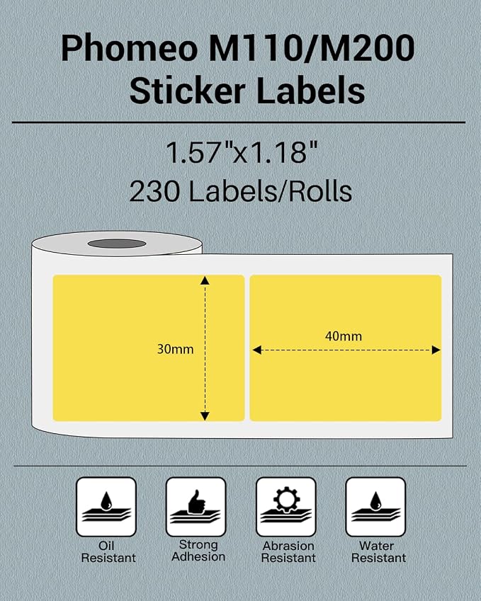 Phomemo Sticker Label M110/M221/M220/M120/M200/M150 Thermal Label- Black on Yellow 1.57"x1.18"(40x30mm) for Small Business, Home, Office, 230 Labels/Roll