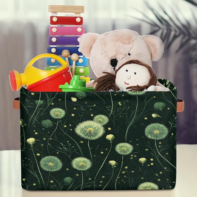 Rectangular Storage Baskets Dark Green Glow Dandelion Print Fabric Storage Bin Toy Organizer Box with PU Leather Handles for Room Decor