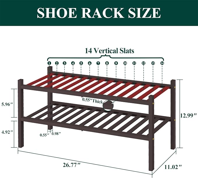 Smiry Bamboo Shoe Rack for Closet, 2 Tier Wooden Shoe Organizer, Stackable Wood Shoe Storage Shelf for Entryway, 14 Vertical Slats, One-piece Heavy-Duty Legs, 26.77"x11.02"x12.99", Brown