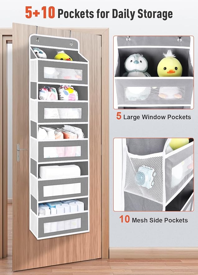 Over The Door Organizer Storage with 10 Pockets, 5 Shelf Hanging Door Storage Organizer for Nursery, Pantry, Bathroom & Bedroom, Reinforced Shelves,Holds up to 48lbs