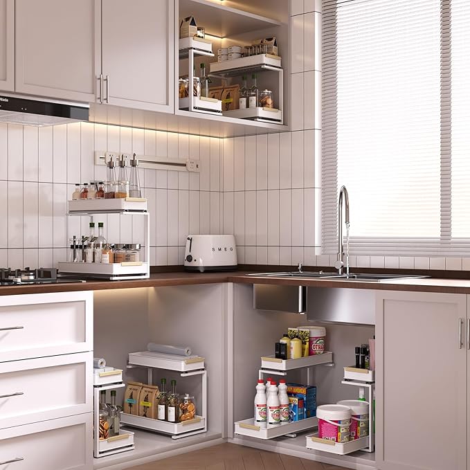 Under Sink Organizer, 2 Tiers Pull Out Bathroom Organizers and Storage, Slide Out Cabinet Organizer Shelf for Kitchen Bathroom, Multi-Purpose Collection Organizer Drawer Shelf (White, 2pcs)
