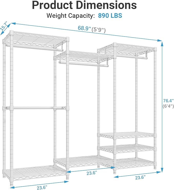 VIPEK V5C Portable Bedroom Armoires Wardrobe Closet with Cover, Heavy Duty Adjustable Clothing Rack, White Metal with Grey Oxford Fabric, 68.9" Lx15.7 Wx76.4 H