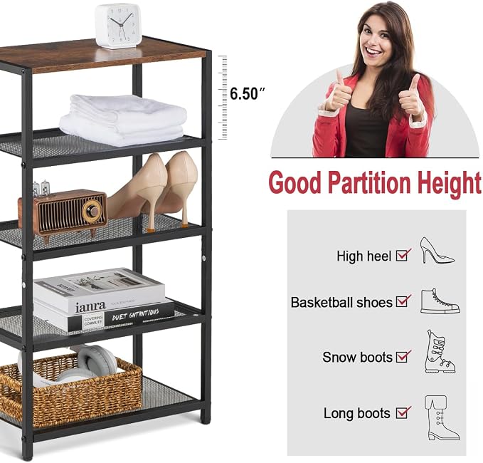 Tall Narrow Shoe Rack for Entryway Closet,5-Tier Shoe Storage Shelf | Small Vertical Shoe Organizer Wood, Sturdy Metal Mesh Shelves, Wooden Table Top, Holds 10 Pairs, for Front Door Entrance