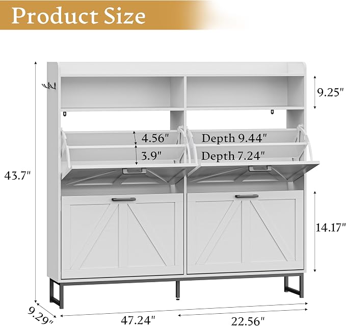 Wodeer Shoe Cabinet Storage for Entryway, Shoe Storage Cabinet with 4 Flip Drawers, Freestanding Narrow Shoe Rack Organizer with Metal Legs, Adjustable Shelves & Open Storage for Foyer, Hallway, White