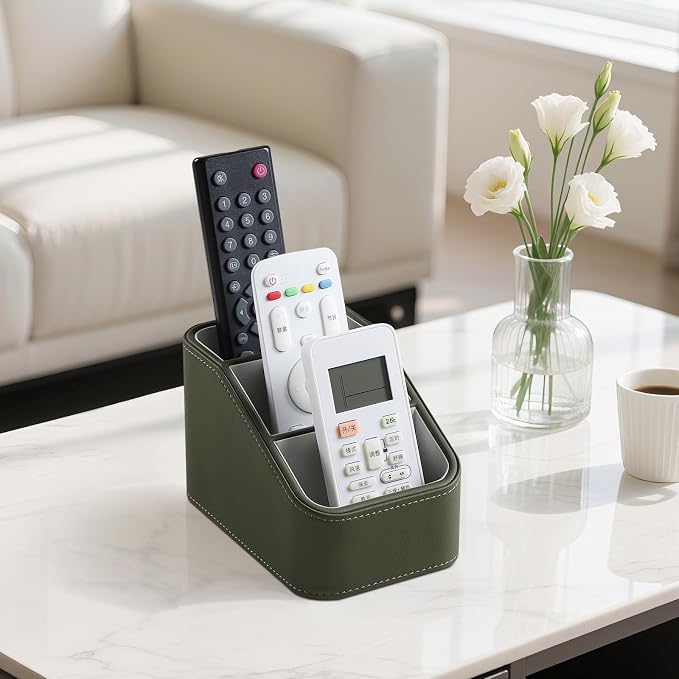 3 Compartments PU Leather Remote Control Holder, TV Remote Holder for Couch | Small Pen Desk Organizer for Office Bedside Living Room, Remote Caddy Nightstand Organizer