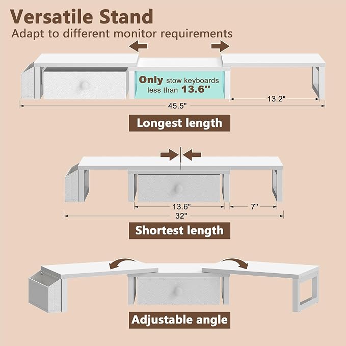 LAND·VOI Heavy Duty Dual Monitor Stand, Holds 2 Screens Up to 27 Inches, Adjustable Length and Angle Monitor Riser, Desk Organizer with Side Pockets and Drawers, Home Office Desk Storage, White