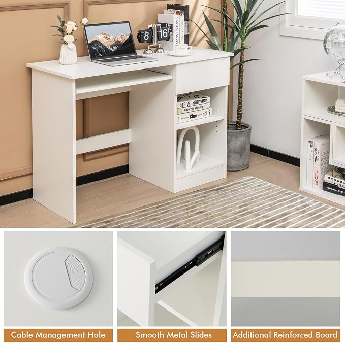 Tangkula White Desk with Drawer, Wooden Computer Desk with Pull-Out Keyboard Tray & Adjustable Storage Shelves, Modern Laptop PC Desk with CPU Stand, Writing Study Desk for Bedroom (White)