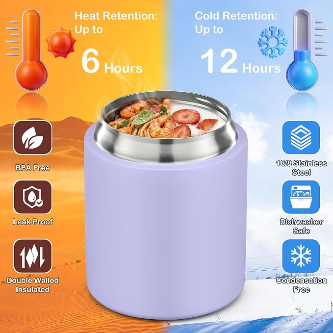 20oz Soup Thermo for Hot Food with a Snack Box Container，Leak Proof Insulated Lunch Container Kids and Adults，Stainless Steel Double Wall Vacuum Wide-mouth Food Jar with Spoon and Handle（Purple）