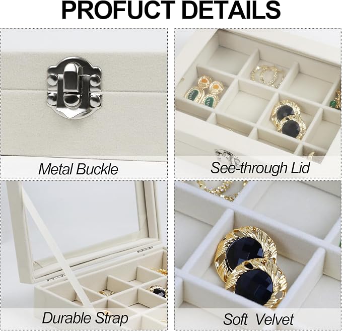Fordonral Velvet Jewelry Organizer Box, Jewelry Drawer Organizers Trays, Earring Ring Necklace Holder Display Case (Beige, 12 Grid Box)