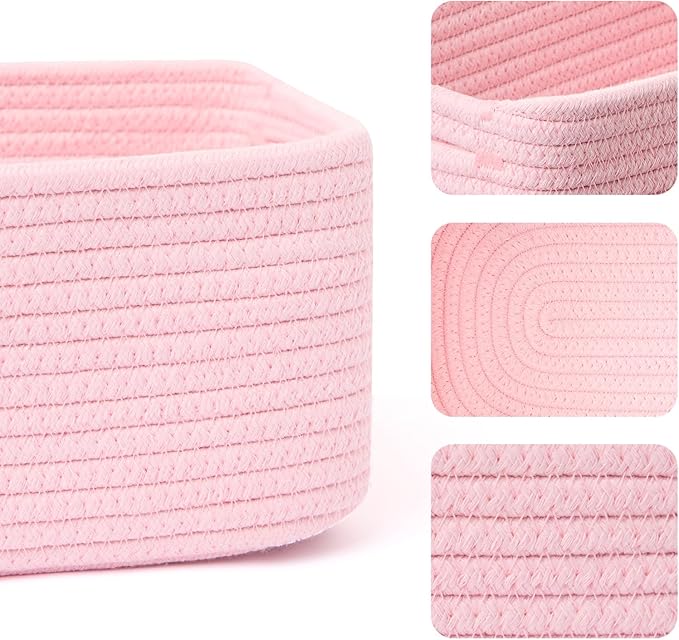 MiniArk Small Storage Baskets for Organizing | Closet Organizer Bins | Shelf Toy Basket | Woven Rope Baskets | Cube Decorative Box | Shallow Basket | 13x8.5x5.1” | 3 Packs Light Pink