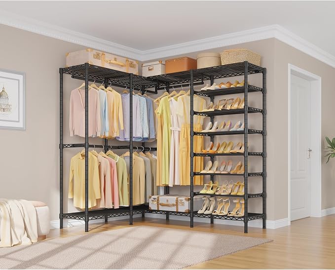 VIPEK S4 Heavy Duty Clothes Rack with Shoe Shelves Freestanding Clothing Rack with 8-Tier Shoe Rack, 4 Hanging Rod, Adjustable Shelf, Walk in Closet Organizer Garment Rack, Black