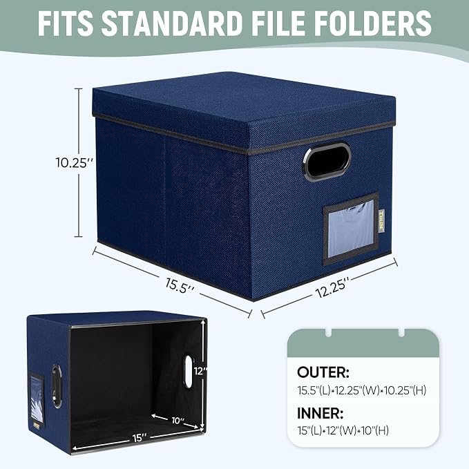 BALEINE File Organizer Box with Lid, Collapsible File Folder Organizer with Plastic Slide, Filing Box for Office Home Document Organizer Storage (Blue, 4PK)