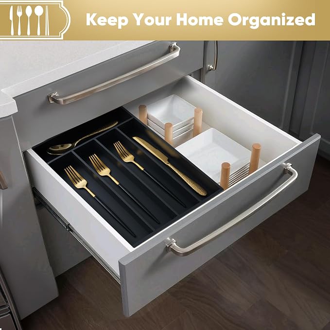 Silverware Organizer, 10 Inch Utensil Organizer Kitchen Drawer Organizer Bamboo Silverware Holder Cutlery Tray Organizer in Drawer Flatware Organizer Tray(5 slots, Black