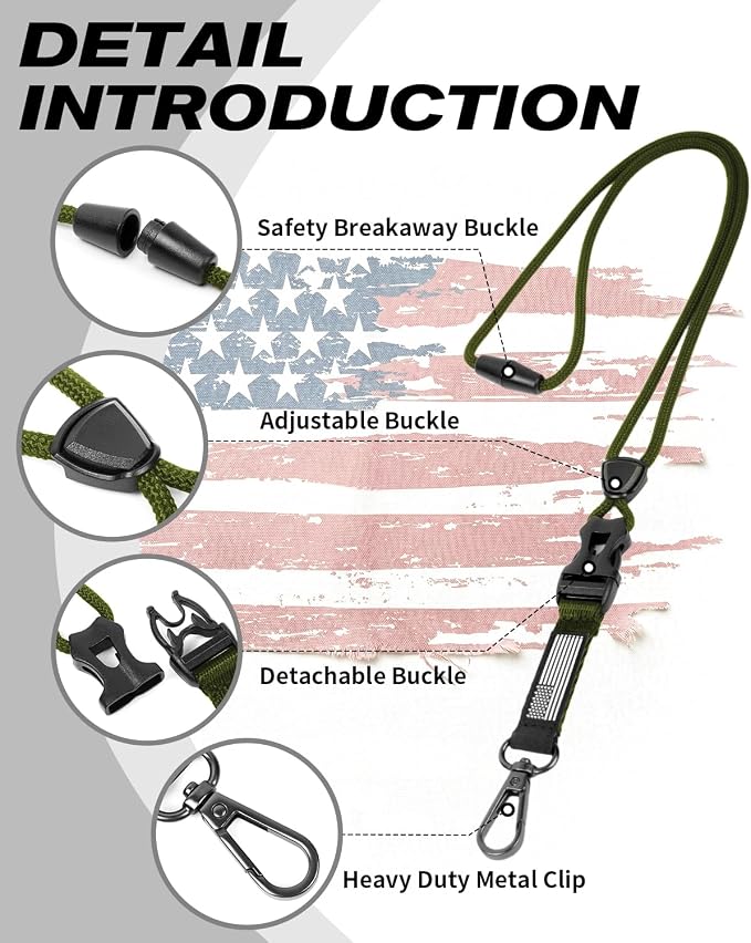 LIUGX Badge Holder with Breakaway Lanyard, Carbon Fiber-Texture, 6 Cards | American Flag, Quick Release Detachable Buckle, Metal Clip, Heavy Duty ID Card Holder, for Work, Office, Easy to Use, Green
