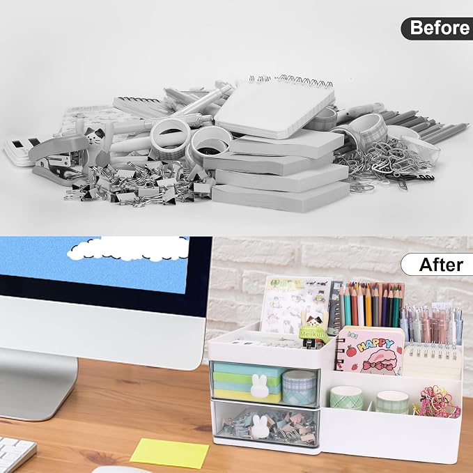 Meiikun Desk Organizer, Makeup Organizer with 2 Drawer, 7 Compartment & a Top Tray, Desktop Organizers and Storage for Women, Cute Home organization Bathroom, 11" x 5.7" x 4.7" (White)