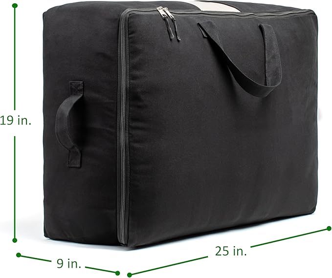 Soft Canvas Storage Bags with Zipper. Thick Breathable, 1pc King/Queen Comforter Organizer. Four Carrying Handles and Window. Large 25x19x9in Bag for Sheets Blankets Bedding Pillows, Clothes (Black)