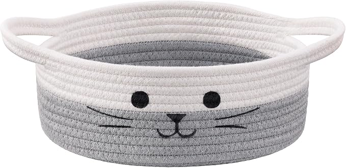 Cute Cat Toy Basket, Gift Baskets Empty for Home Decor, Baby Basket for Baby Shower, Small Cotton Rope Baskets for Pets Toys, White & Grey, 9.8 x 4 inches
