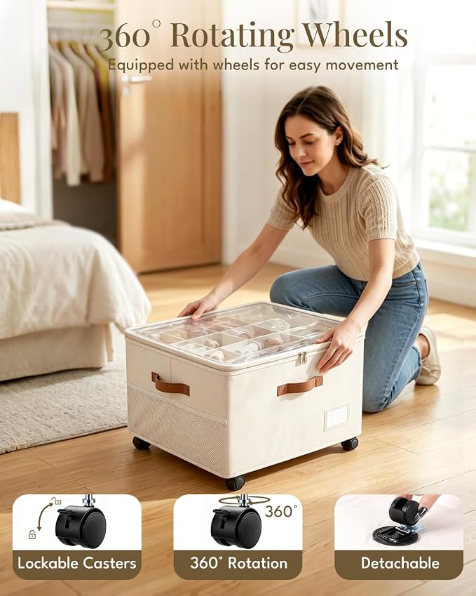 Shoe Organizer for Closet with Wheels - 2 Pack Shoe Storage Box Bin Cubes | Detachable Wheels | Fits 32 Pairs | Adjustable Dividers | Side Pockets | Clear Cover | Foldable | Stackable | Label Holder