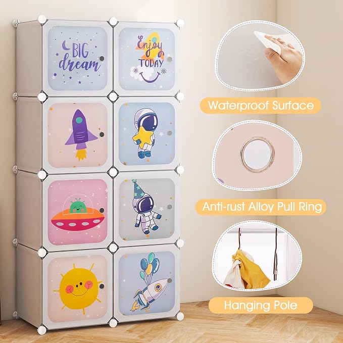 INFANS Children Wardrobe, Kid Closet Portable Baby Dresser Cute for Kids Bedroom Nursery Armoire with Doors 12 Cube 2 Hanging Sections, Kid Clothes Storage Organizer (White, 8 Cubes)