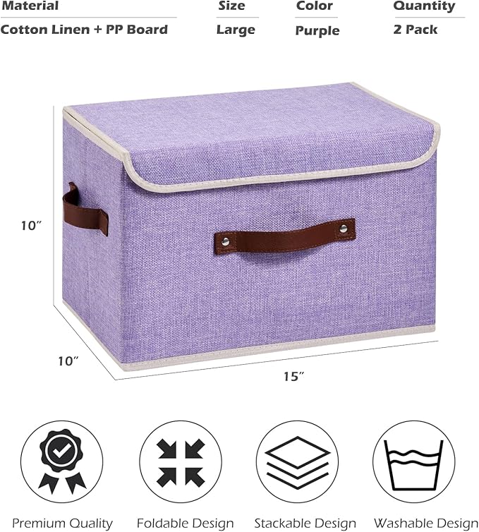 2PCS Storage Boxes with Lid Cotton Linen Fabric Storage Bins Organizer Container Decorative Collapsible Washable Shelf Closet Baskets Faux Leather Handles Home Bedroom (Purple, Large)