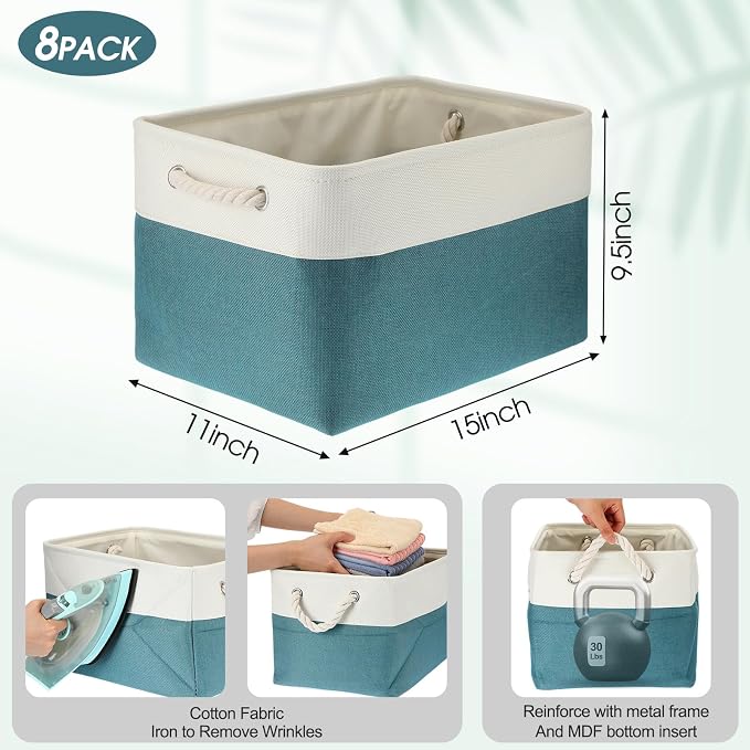 meekoo 8 Pack Collapsible Storage Bins Fabric Storage Bins Polyester Fabric Baskets with Handles Linen Closet Organizer for Shelf Home Closet Towels Toys(15 x 11 x 9.5 in,Cyan White)