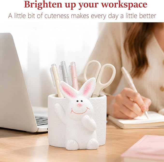 Ceramic Rabbit Shaped Pen Pencil Holder for Desk Decoration Accessories Rabbit Decor Makeup Brush Pen Cups Office School Ideal Gifts for Women, Mom or Birthdays (Round Rabbit)