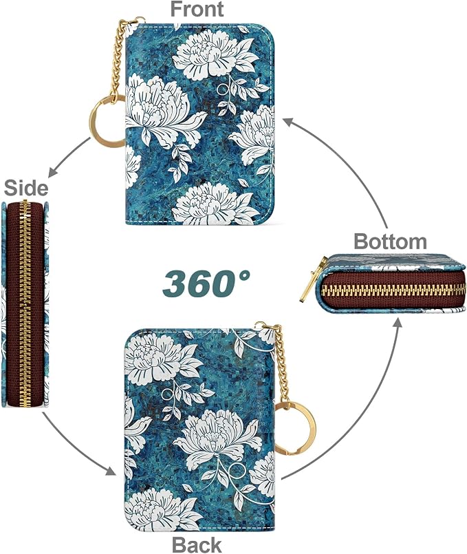 Nipichsha Credit Card Holder, Small RFID Card Wallet for Women, Slim Leather Card Holder Wallet, Credit Card Wallet Organizer, Pocket Business Card Case with Zipper & Keychain, White Flowers