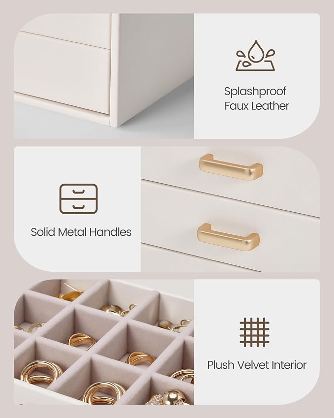 Lolalet Earring Organizer, Jewelry Box with Clear Lid -Beige, 8 Layer | PU Leather, Velvet, Removable Dividers, Dustproof, Easy Clean, For Studs Rings, Gift for Women Girls, Home Aesthetic Decor