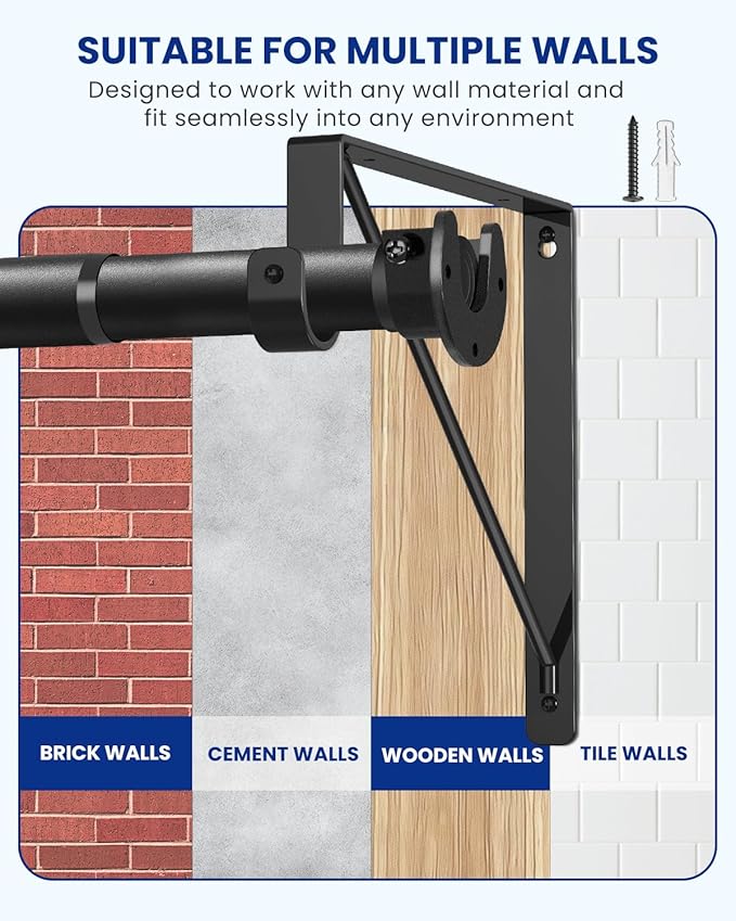 Supforce Adjustable Closet Rod with Triangular Brackets, 17-54in, Black | 1.3in Metal Closet Rod Supports Up To 150 lb, Heavy Duty Rod Reduces Sagging and Mount Securely for Wardrobes Closet Laundry