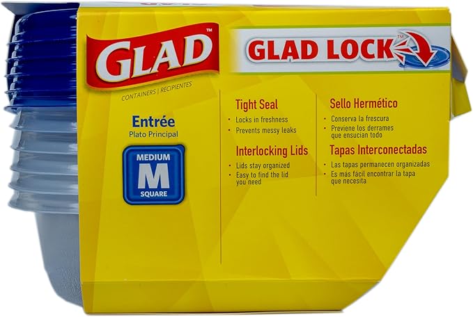 Glad GladWare Entree Food Storage Containers with Lids, Medium Square BPA Free Plastic for Meal Prep and Lunches, Lock Tight Seal, Microwave and Dishwasher Safe, 25 Oz, 5 Count - 6 Pack