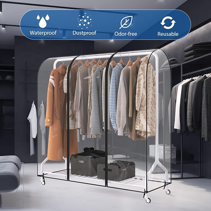 Zilink Clear Garment Rack Cover Garment Bags Fur Coat Storage Bag 60 in | Waterproof, Dustproof, Breathable, 2 Durable Zippers, Clothes Rack Cover Wardrobe Cover for Garment Rack (Rack Not Included)