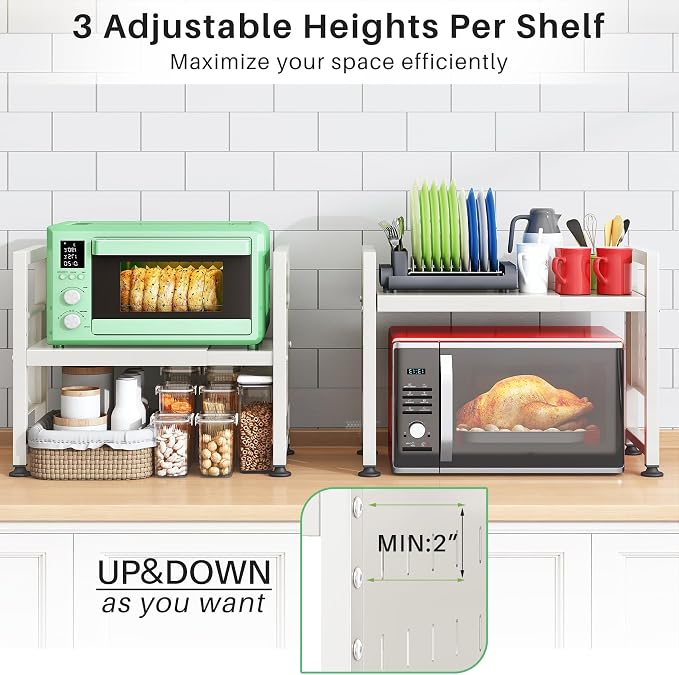 Microwave Stand, 2-Tier Expandable(17.4"-27.4") Microwave Oven Rack, Heavy Duty Adjustable Shelf with 9 hooks, Kitchen Organizer Storage Shelves for Pantry, Countertop, Coffee Bar, Office, Dorm, White