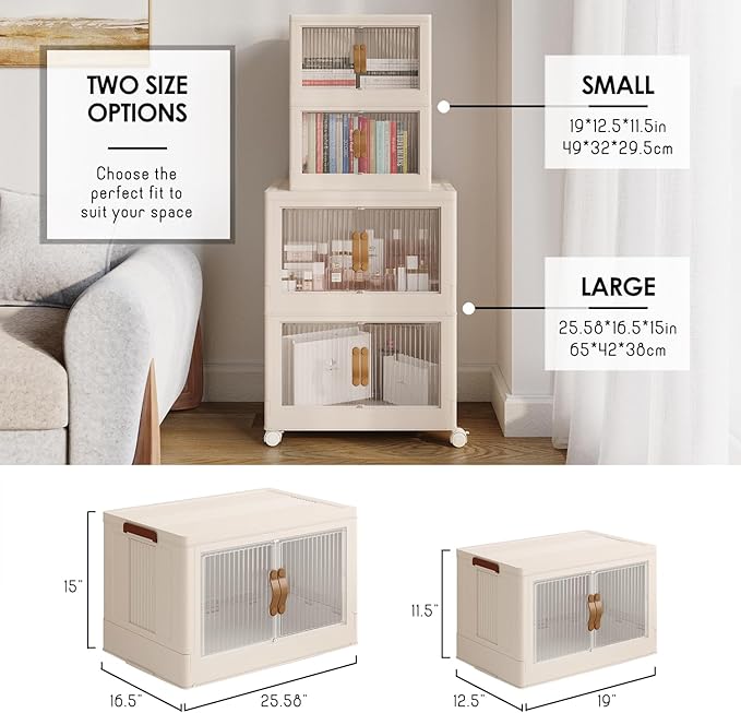 STORAGEBUD 1 Tier Plastic Stackable Storage Bins Open Front with Lids & 360° Wheels 35 QT - Collapsible Storage Bins Home Office Closet Storage Organization, Foldable Clothes Storage Cabinet, 8.8 GAL