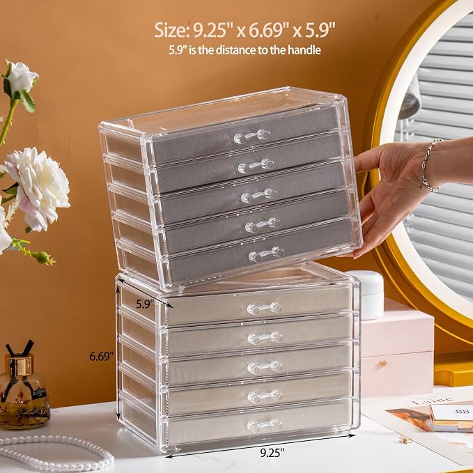 YUFONG Necklace Holder Organizer, Dustproof Necklace Box Velvet Necklace Organizer Box with Lid Clear Acrylic Dustproof Stackable Jewelry Displays for Necklaces Chain Display (Beige, 5 Drawer)