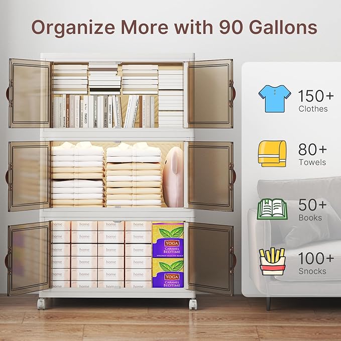 UAMFURI Stackable Storage Bins with Lids, 360QT Closet Organizers, Lockable Storage Cabinet，Foldable Storage Box with Doors and Wheels, Plastic Drawers for Home, Garage, Office (3, White, Large)