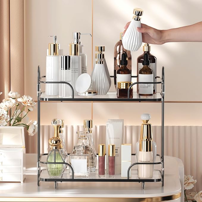 2 Tier Corner Bathroom Counter Organizer, Cosmetic Skincare Organizer, Bathroom Countertop Perfume Tray Vanity Organizer, Kitchen Spice Corner Storage Shelf
