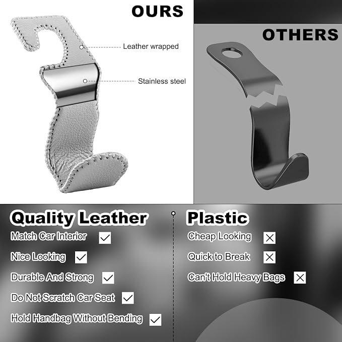 EldHus Car Seat Hooks for Purses and Bags, 4 Pack Car Purse Holder for Grocery Bag Handbag Clothes, Metal Headrest Hooks Covered by Leather, Gray