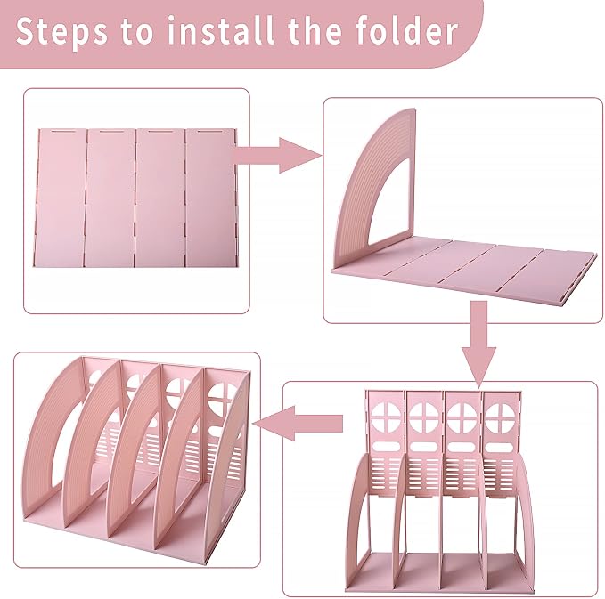 Marte Vanci Magazine File Holder, Binder Holder with 4 Vertical Compartments, Desktop Folder Organizer File Sorter Dividers for Book, Document Storage Home School Office Supply (Pink)
