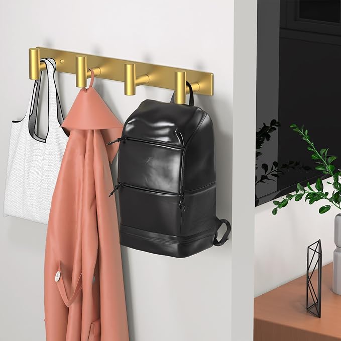 Wall Mounted Coat Rack-4 Hooks, Heavy Duty Stainless Steel Wall Hooks for Towel Coat Bag, Hat Rack Coat Hanger Coat Hooks Towel Racks for Bathroom Entryway Kitchen Hotel Office (Gold, 1 Pack)