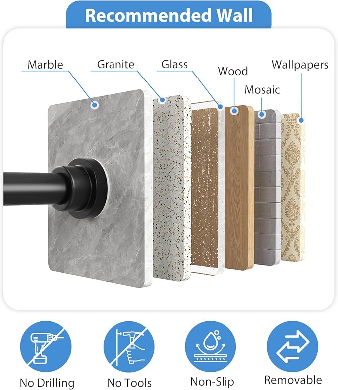 Tension Curtain Rod 30 to 63 Inch, Spring Tension Rod for Windows Black Adjustable Expandable Curtain Rods No Drilling Spring Loaded Curtain Rods for Windows,Doorway,Bathroom,Closet